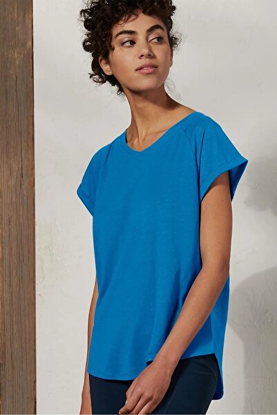 Tchibo Women V-Neck Short Sleeves Plain T-Shirt, Blue