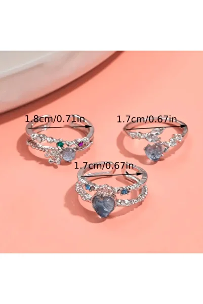 Medite 3 Pieces Adjustable Open Heart and Moon Light Cubic Zirconia Ring