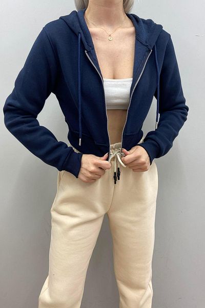 lizge giyim Hooded Zippered Crop Swetshirt