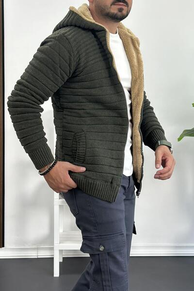 Edwox Ανδρική πλεκτή ζακέτα με φερμουάρ και κουκούλα με επένδυση από γούνα πράσινο T743