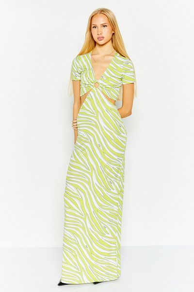 Michael Kors Women Allover Printed Cutout Detail Maxi Dress, Lime Green Combo