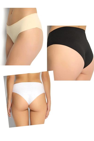 socksbox Bikini pentru femei, negru-alb-culoarea pielii, 3 buc. Chiloți fără sudură tăiați cu laser / Seria Plus