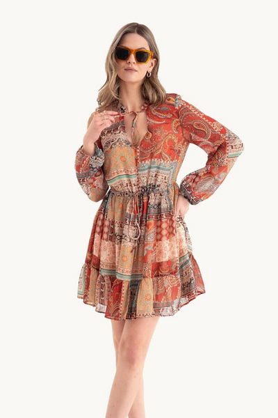 Hiccup Μίνι Boho φόρεμα με αφηρημένο λαιμό V με κορδόνια