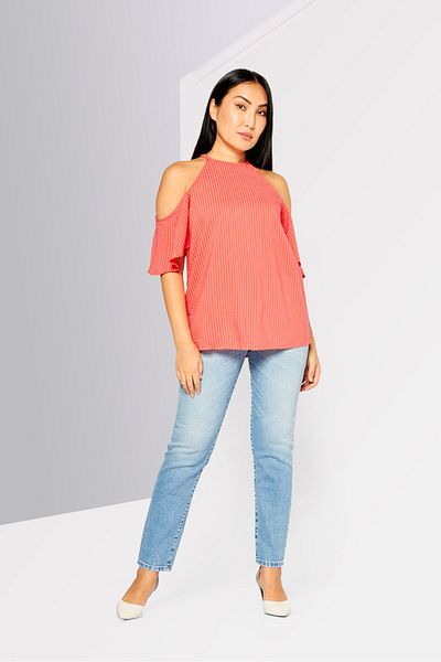 Michael Kors Women Round Neck Cold Shoulder Striped Top, Red