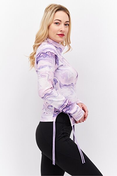 Tribe of 6 Women Mock Neck Long Sleeves Swirl Print Top, Purple