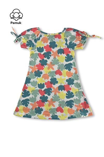 difa kids Leaf Patterned Comfortable Girl's Summer Dress with Balloon Sleeves