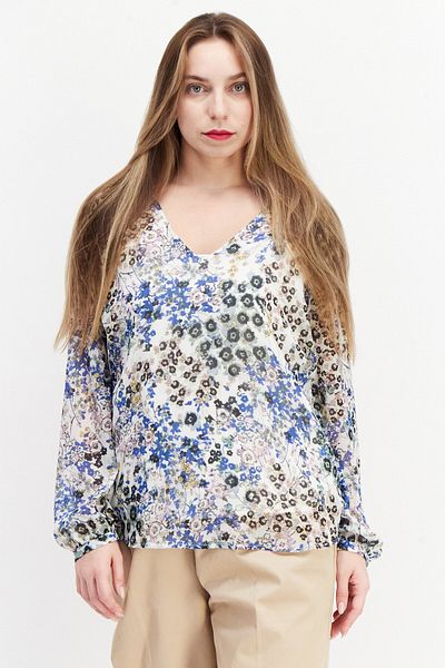 Esprit Women V Neck Allover Print Long Sleeve Blouse, White Combo