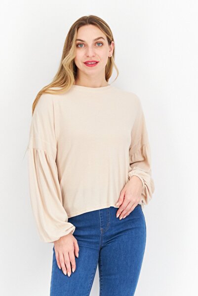 Weatherproof Women Crew Neck Long Sleeve Textured Top, Beige
