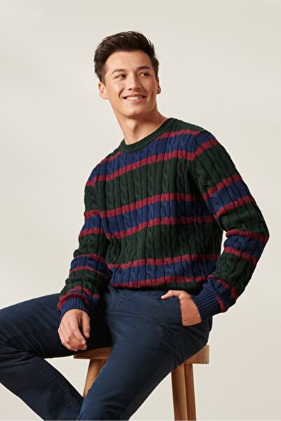 Tchibo Men Crew Neck Long Sleeves Stripe Sweater, Green Combo