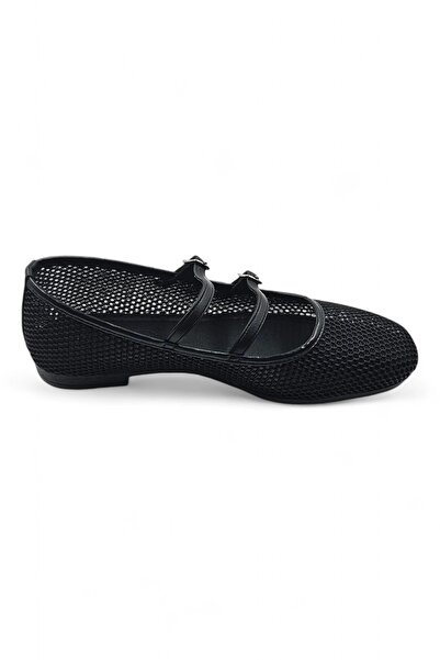 Melen Shoes Hive Siyah Petek File Çift Tokalı Kadın Babet Ayakkabı
