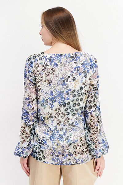 Esprit Women V Neck Allover Print Long Sleeve Blouse, White Combo