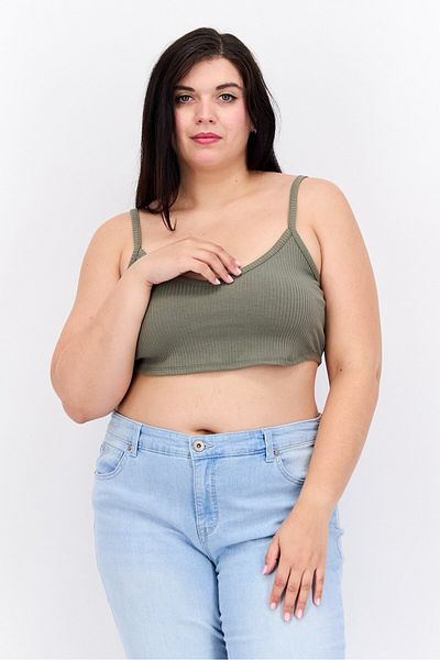 Bar III Women Plus Size V-neck Sleeveless Ribbed Crop Top, Olive