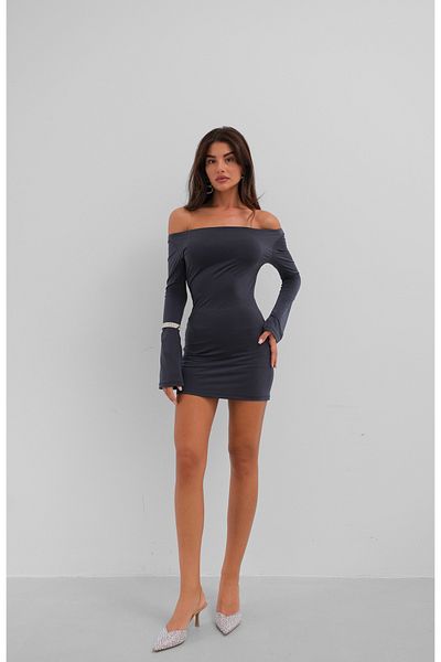 Black Fashion Flounce Sleeve Gray Strapless Mini Dress