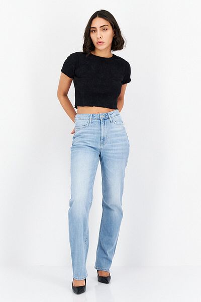 Guess Women Regular Fit Washed Denim Jeans, Blue