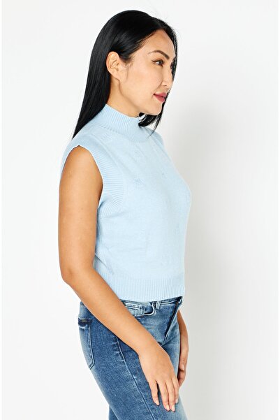 Don't Call Me Jennyfer Women Mock Neck Cap Sleeves Knitted Top, Sky Blue