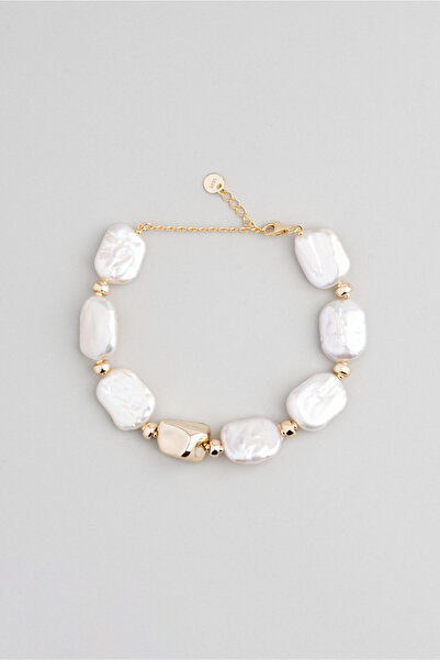 So CHIC... Vintage Stil 18 Ayar Sarı Altın Kaplama 24 Cm Gümüş İnci Bileklik