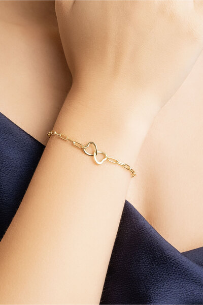 So CHIC... İki Kalp 18 Ayar Sarı Altın Kaplama Gümüş Zincir Bileklik