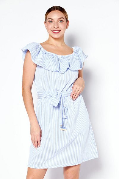 Michael Kors Women Off Shoulder Short Sleeve Stripe Mini Dress, Blue