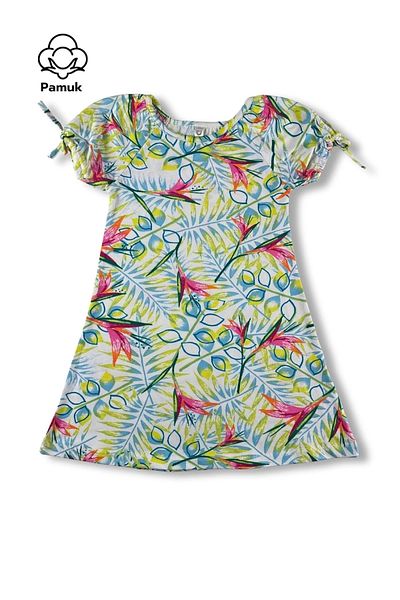 difa kids Leaf Patterned Girl's Summer Dress with Balloon Sleeves - Casual and Comfortable
