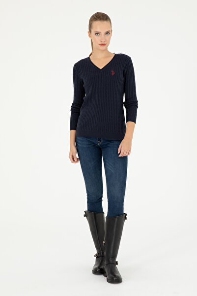 U.S. Polo Assn. Жіночий синій светр з V-подібним вирізом Basic 50293561-VR033