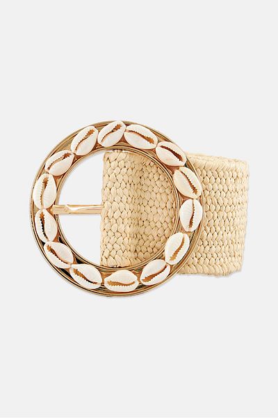French Connection Women Shell Buckle Belt, Cream