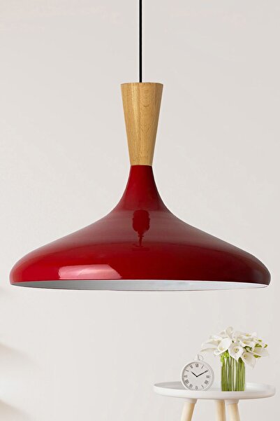 Bamyum Champion Kırmızı Ahşap Huni Tekli Avize Sarkıt Salon Mutfak Cafe Butik Lamba Aydınlatma Avizeler