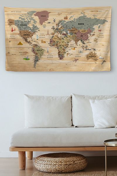GLOBELUX Wall Cloth / Carpet Current Turkish World Map Wooden Look-3984