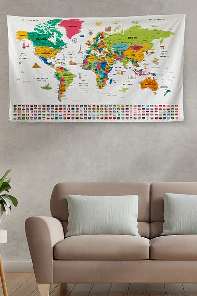 GLOBELUX Wall Cover / Carpet Detailed Current Turkish World Map Quality Canvas Fabric-3981