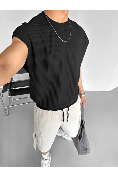 ablukaonline Μαύρο ανδρικό αμάνικο μπλουζάκι Oversize με ραβδώσεις