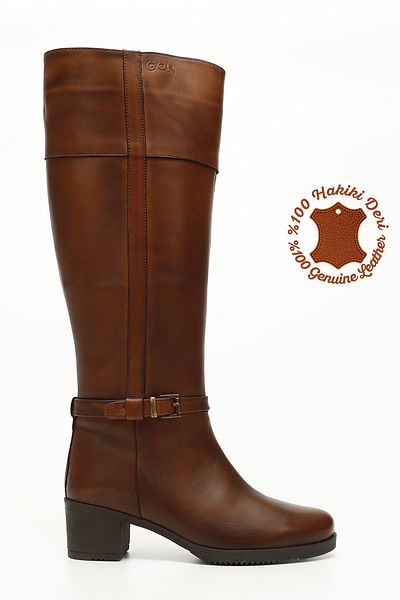 GÖNDERİ(R) Women's Tan Antique Zippered Thick Heeled Genuine Leather Boots