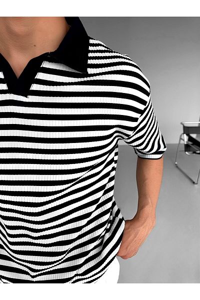 ablukaonline Ανδρικό μπλουζάκι Oversize Half Placket Polo Neck Ριγέ Λευκό - Μαύρο