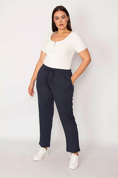 Şans Women's Large Size Navy Blue Cotton Fabric Side Sport Trousers with Elastic Waist and Lacing Detail 65n29223