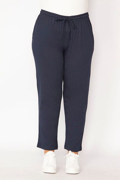 Şans Women's Large Size Navy Blue Cotton Fabric Side Sport Trousers with Elastic Waist and Lacing Detail 65n29223
