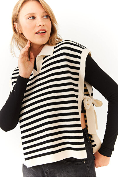 Bianco Lucci Women's V-Neck Side Lace-Up Striped Knitwear Sweater 60251814