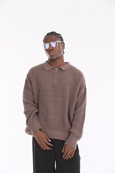 The Champ Clothing Φερμουάρ Πολό Γιλέκο Πλεκτή Τρίχα Ριγέ Γκρίζα Oversize Ανδρικό Πουλόβερ