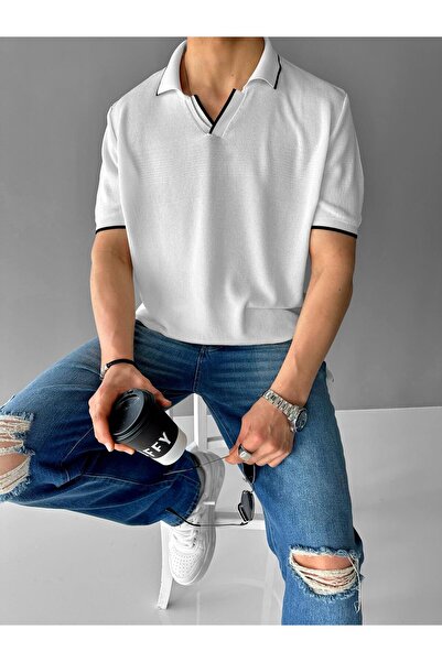 ablukaonline Ανδρικό πλεκτό μπλουζάκι με λαιμόκοψη εκρού