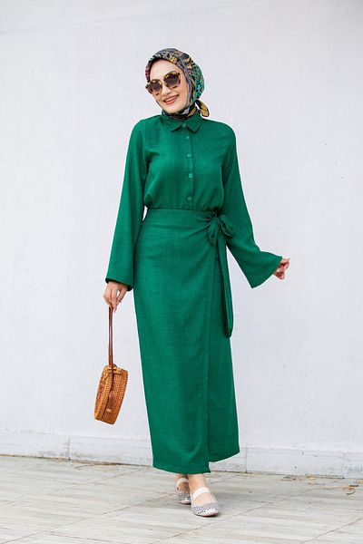 Tesettür Çarşım Emerald Linen Set - Wrap Skirt