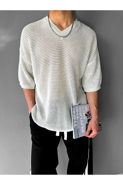 ablukaonline Ανδρικό μπλουζάκι Oversize με λαιμόκοψη V μπεζ