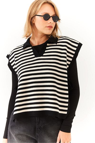 Bianco Lucci Women's V-Neck Side Lace-Up Striped Knitwear Sweater 60251814