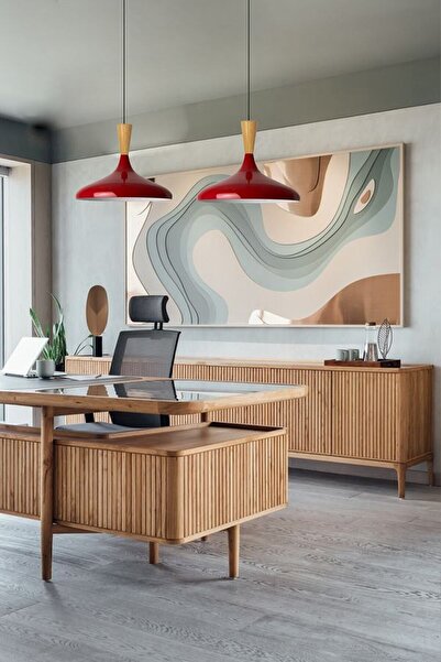 Bamyum Champion Kırmızı Ahşap Huni Tekli Avize Sarkıt Salon Mutfak Cafe Butik Lamba Aydınlatma Avizeler