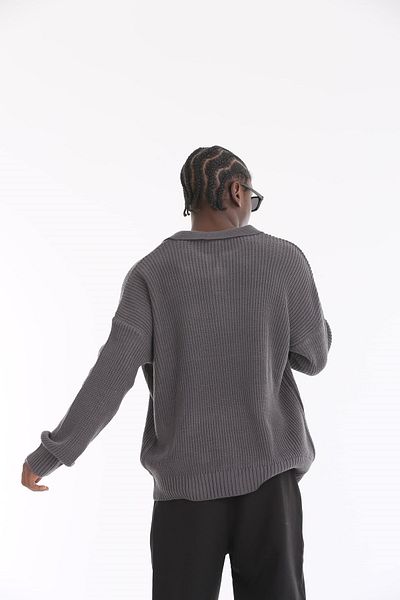 The Champ Clothing Πόλο Γιακά Πλεκτό Τριπούρ Ριγέ Γκρι Oversize Ανδρικό Πουλόβερ