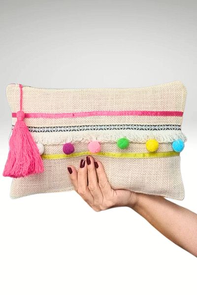 KRIMO Women's Jute Clutch Design Cloth Portfolio Handbag