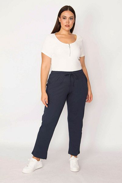 Şans Pantaloni sport laterali din țesătură de bumbac bleumarin pentru femei de mărime mare, cu talie elastică și detaliu de șireturi 65n29223