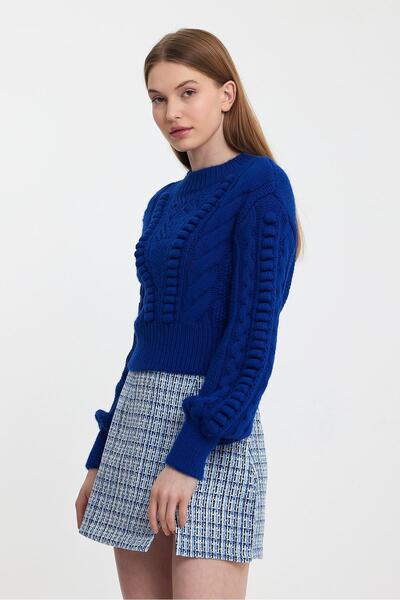 SHERIN Pulover tricotat cu model albastru cu decolteu