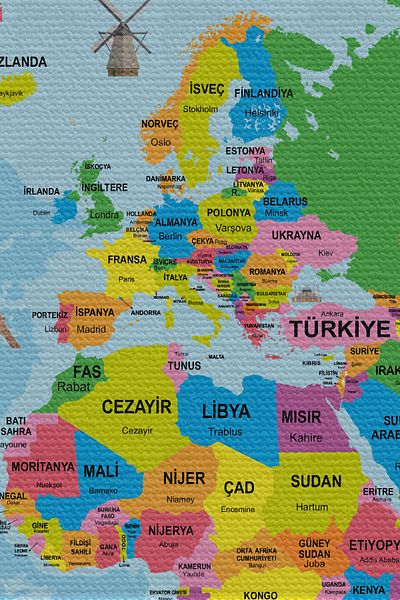 GLOBELUX Wall Cover / Carpet Detailed Current Turkish World Map Quality Canvas Fabric-3976