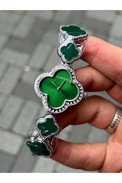 Choppers Clover Design Elegant Green Dial and Stone Detail Steel Women's Wristwatch