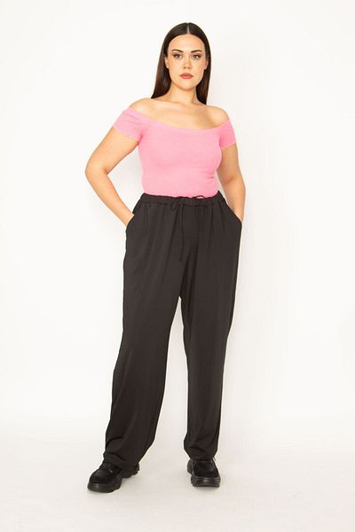 Şans Women's Large Size Black Waist Elastic and Lace Detailed Pocket Sports Trousers 65n30940