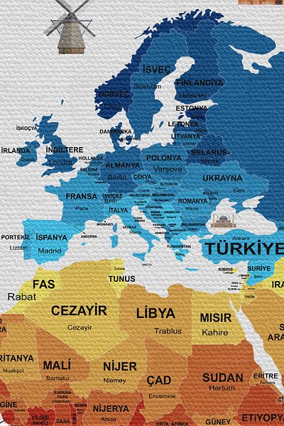 GLOBELUX Wall Cover Flag Detailed Turkish Current World Map Canvas Wall Tapestry-4047