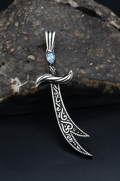 Prestige Kolye Ucu Hz. Ali ( Zülfikar Kılıcı ) Aquamarine Taşlı 925 Ayar Gümü...