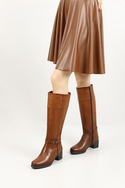 GÖNDERİ(R) Women's Tan Antique Zippered Thick Heeled Genuine Leather Boots